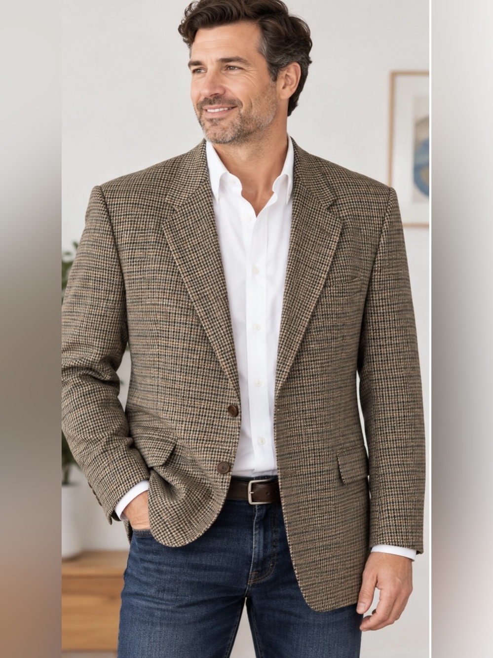 Vtg Chaps Ralph Lauren Houndstooth Wool Blazer Sport Coat Brown Plaid Academia